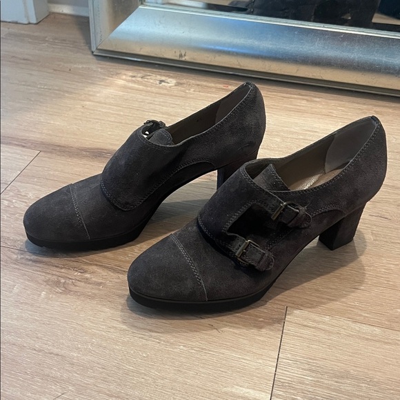 Anyi Lu Nancy Suede Monk Strap Pumps Gray Italian Leather Block Heels Size 41/10 - Picture 5 of 12